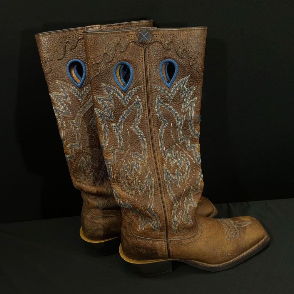 TWISTED X 18"  BUCKAROO Cowboy Boots Brown Blue Leather Square Toe Men‎ 8.5 D